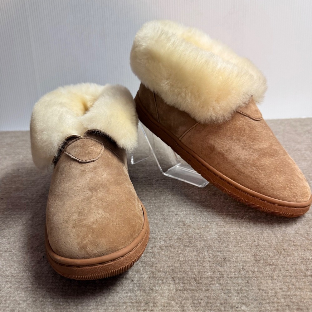 Hammacher Schlemmer Shearling Slipper Boots Women Large Tan Suede Fur Cozy